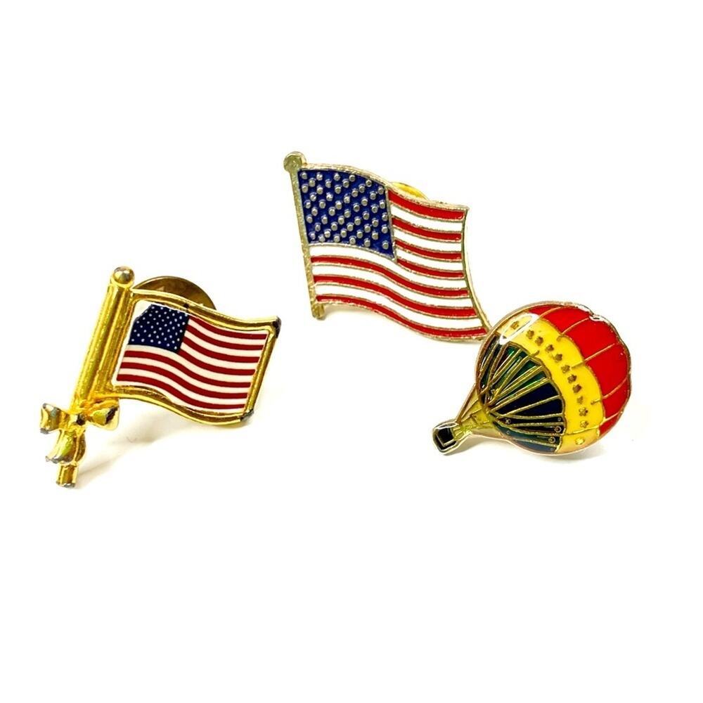Vintage USA Set of 3 Pins American Flag Hot Air Balloon Patriotic